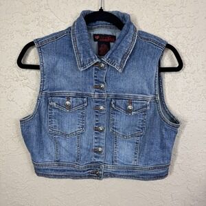 VTG First Kiss Cropped Denim Vest Womens L Distressed Boho Festival Rodeo Retro